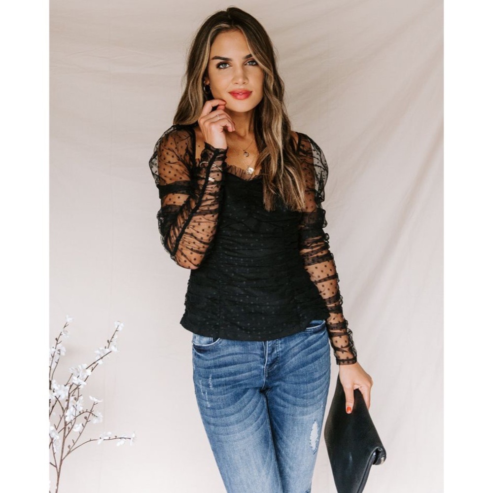 Vici Benefit Polka Dot Ruched Gathered Sleeve Mesh Tulle Top by Free the Roses